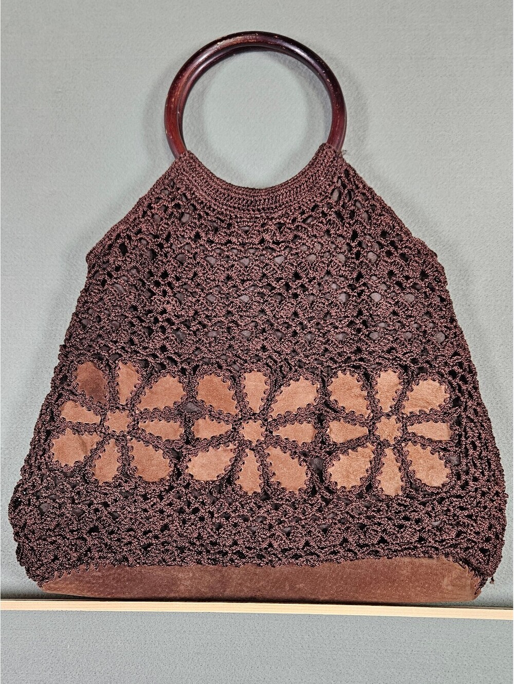 Nine West Brown Knit Genuine Leather Floral Trim Tote